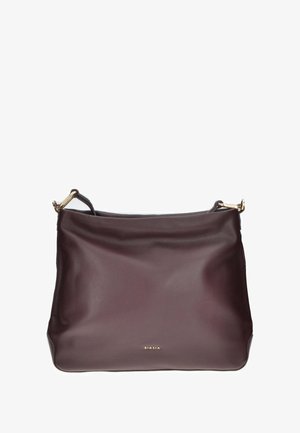 Borsa a mano in pelle bordeaux con una texture liscia, hardware tono oro e un design semplice e spazioso. Nome del brand "BIASIA" impresso sul davanti.