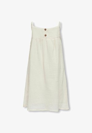 Biele bezrukávové šaty vyrobené z textúrovanej tkaniny. Majú dve hnedé gombíky na hrudi a voľný, splývavý strih.