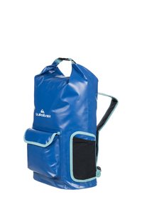 Zaino impermeabile blu con accenti azzurri, chiusura roll-top, tasca frontale e spallacci regolabili. Materiale resistente con texture liscia.