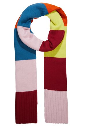 Bufanda larga tejida con rayas horizontales anchas en azul, naranja, amarillo, rojo, burdeos y rosa, mostrada en forma de lazo con los extremos colgando.