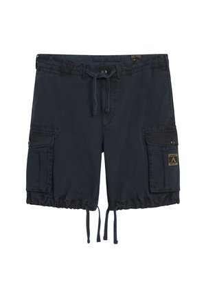 Marineblaue Cargo-Shorts mit einem Kordelzugbund, ausgestattet mit zwei Seitentaschen mit Knopfklappen und verstellbaren elastischen Säumen.