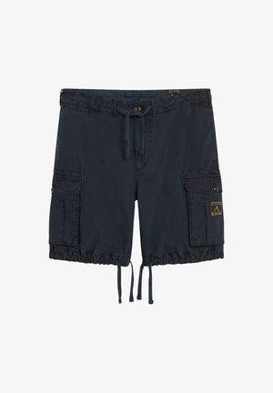 Marineblauwe cargoshorts met een trekkoord in de taille, voorzien van twee zijzakken met knopenflappen en verstelbare elastische onderkanten.