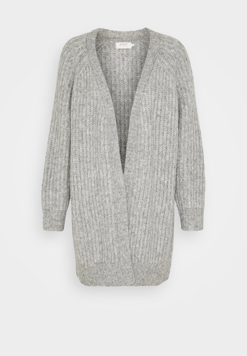Long gilet gris en tricot ouvert à l'avant avec texture côtelée et manches longues.