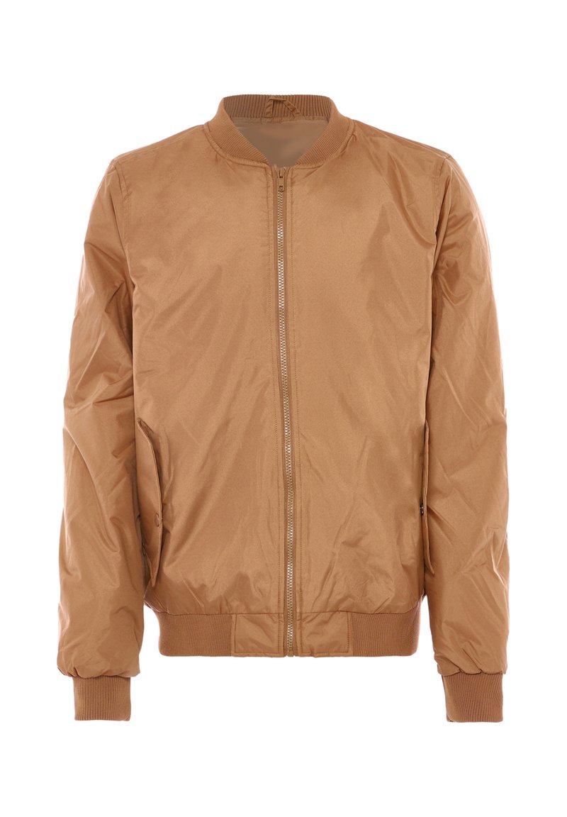 Giacca bomber marrone in nylon liscio, con zip frontale, polsini a coste e vita elasticizzata, dotata di tasche laterali.