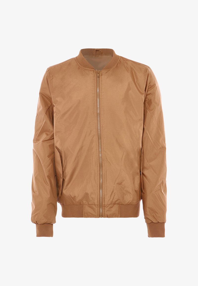 Giacca bomber marrone in nylon liscio, con zip frontale, polsini a coste e vita elasticizzata, dotata di tasche laterali.