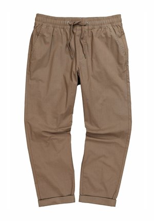 Hellbraune, locker sitzende Hose mit elastischem Bund, Kordelzug, Seitentaschen und umgeschlagenen Säumen; gefertigt aus glattem, strapazierfähigem Stoff.