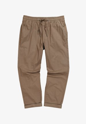 Hellbraune, locker sitzende Hose mit elastischem Bund, Kordelzug, Seitentaschen und umgeschlagenen Säumen; gefertigt aus glattem, strapazierfähigem Stoff.
