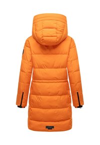 Orange puffer coat with a hood, featuring quilted segments, zippered sleeve accents, and a small black logo patch on the back.