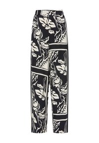 Schwarze und cremefarbene, gemusterte weit geschnittene Hosen mit floralem Design, die einen entspannten Schnitt und einen flachen Bund für Komfort bieten.