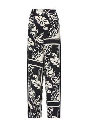 Szerokie spodnie z czarno-kremowym wzorem w kwiaty, o luźnym kroju i płaskim pasie dla wygody.