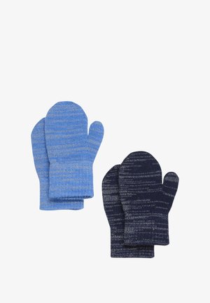 Gebreide wanten in blauw en donker marineblauw, met een gestreept patroon. Zachte textuur, afgeronde punten en geribde manchetten voor extra warmte.