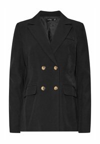 Svart dubbelknäppt kavaj med guldknappar, två framfickor, slagkrage och en slät textur. Skräddarsydd passform med strukturerad design.