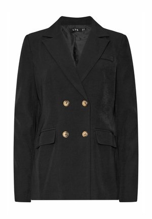 Czarny dwurzędowy żakiet z złotymi guzikami, dwoma przednimi kieszeniami, klapami w kształcie notcha oraz gładką fakturą. Dopasowany krój z usztywnioną konstrukcją.