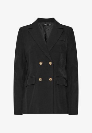 Czarny dwurzędowy żakiet z złotymi guzikami, dwoma przednimi kieszeniami, klapami w kształcie notcha oraz gładką fakturą. Dopasowany krój z usztywnioną konstrukcją.