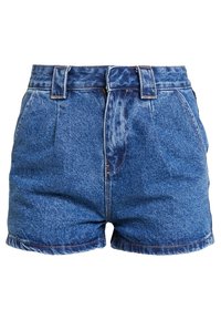Modré džínové šortky s vysokým pasem, viditelným šitím a předním zipem. Obsahují klasický design 5 kapes a ohrnuté lemy.