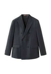 Blazer doppiopetto grigio scuro realizzato in tessuto testurizzato, con rever a punta, due tasche frontali e bottoni decorativi sulle maniche.
