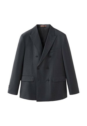 Blazer doppiopetto grigio scuro realizzato in tessuto testurizzato, con rever a punta, due tasche frontali e bottoni decorativi sulle maniche.