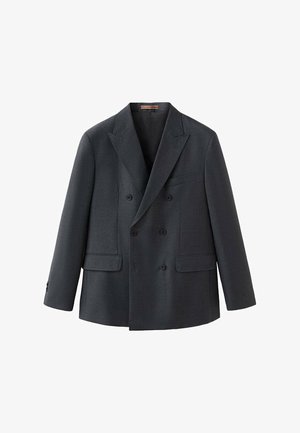 Blazer de doble botonadura en gris oscuro, hecho de una tela texturizada, con solapas de pico, dos bolsillos frontales y detalles de botones en las mangas.
