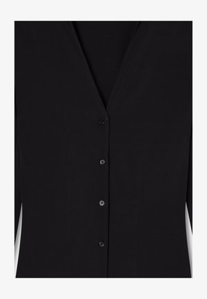 Cardigan nero a maniche lunghe con scollo a V e cinque bottoni frontali, realizzato in tessuto morbido e leggero.