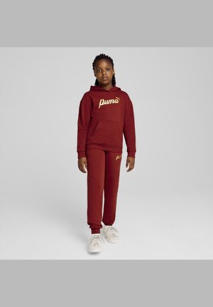 Burgundská mikina s kapucňou so zlatým logom "Puma", klokanie vrecko, skombinovaná s nohavicami v rovnakom odtieni. Mäkkučký materiál, voľný strih, doplnená o biele tenisky.