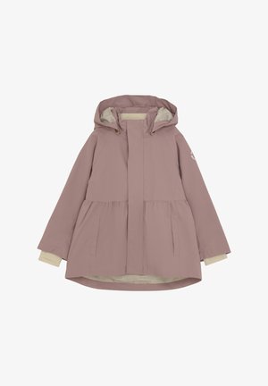 Lichtroze waterdichte jas met capuchon, frontzipper, twee zijzakken en een geplooide taille. Zachte binnenvoering in beige.