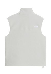 Ανοιχτό γκρι fleece γιλέκο με ψηλό γιακά και μικρό λευκό λογότυπο North Face στο πάνω μέρος της πλάτης, χωρίς μανίκια με κορδόνι στο τελείωμα.