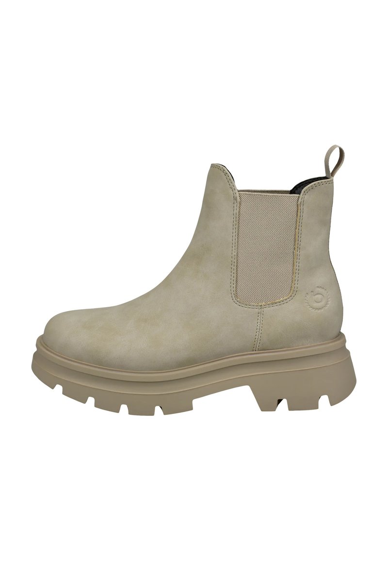 Beige Leder Stiefelette mit elastischen Seitenpanels und einer dicken, robusten Sohle. Verfügt über subtile Nähte und ein kleines Logo an der Ferse.