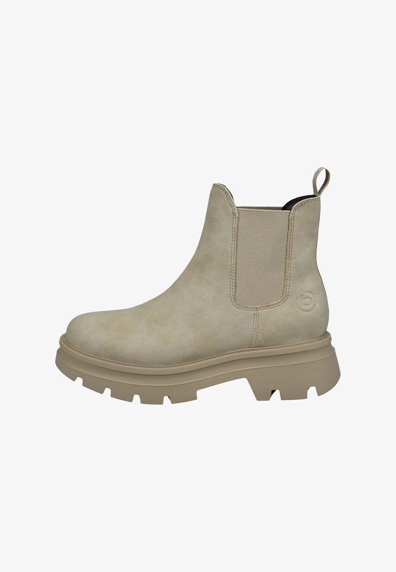 Beige Leder Stiefelette mit elastischen Seitenpanels und einer dicken, robusten Sohle. Verfügt über subtile Nähte und ein kleines Logo an der Ferse.