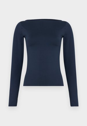 Mörkblå, långärmad, figursydd damtopp med bred, båtringad halsringning och en slät, stretchig tygfinish.