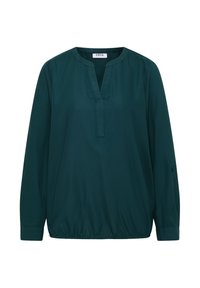 Blouse verte à manches longues en tissu lisse, avec un décolleté en V, un ourlet froncé et des poignets boutonnés. Étiquette de la marque : CECIL.