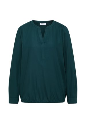 Blusa verde de manga larga, fabricada en una tela suave, con escote en V, dobladillo fruncido y puños abotonados. Etiqueta de la marca: CECIL.