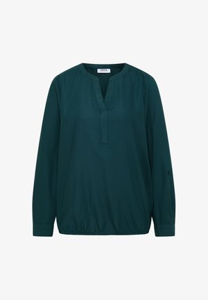 Zelená halenka s dlouhým rukávem z hladké tkaniny, s výstřihem do V, nabíraným lemem a knoflíkovými manžetami. Značka: CECIL.