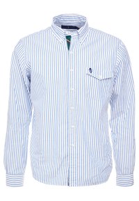 Blå och vit randig knapp-up skjorta, långa ärmar, krage, en bröstficka med broderad detalj, slätt bomullstyg.