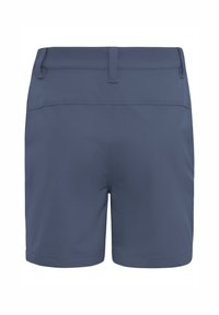 Pantalones cortos deportivos azul marino hechos de un tejido flexible, con una cinturilla plana y un dobladillo limpio. Vista trasera sin bolsillos ni adornos.