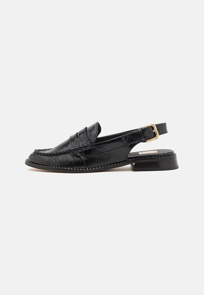 Black slingback shoes made of textured leather, featuring a low heel, decorative stitching, and a gold-tone buckle accent.