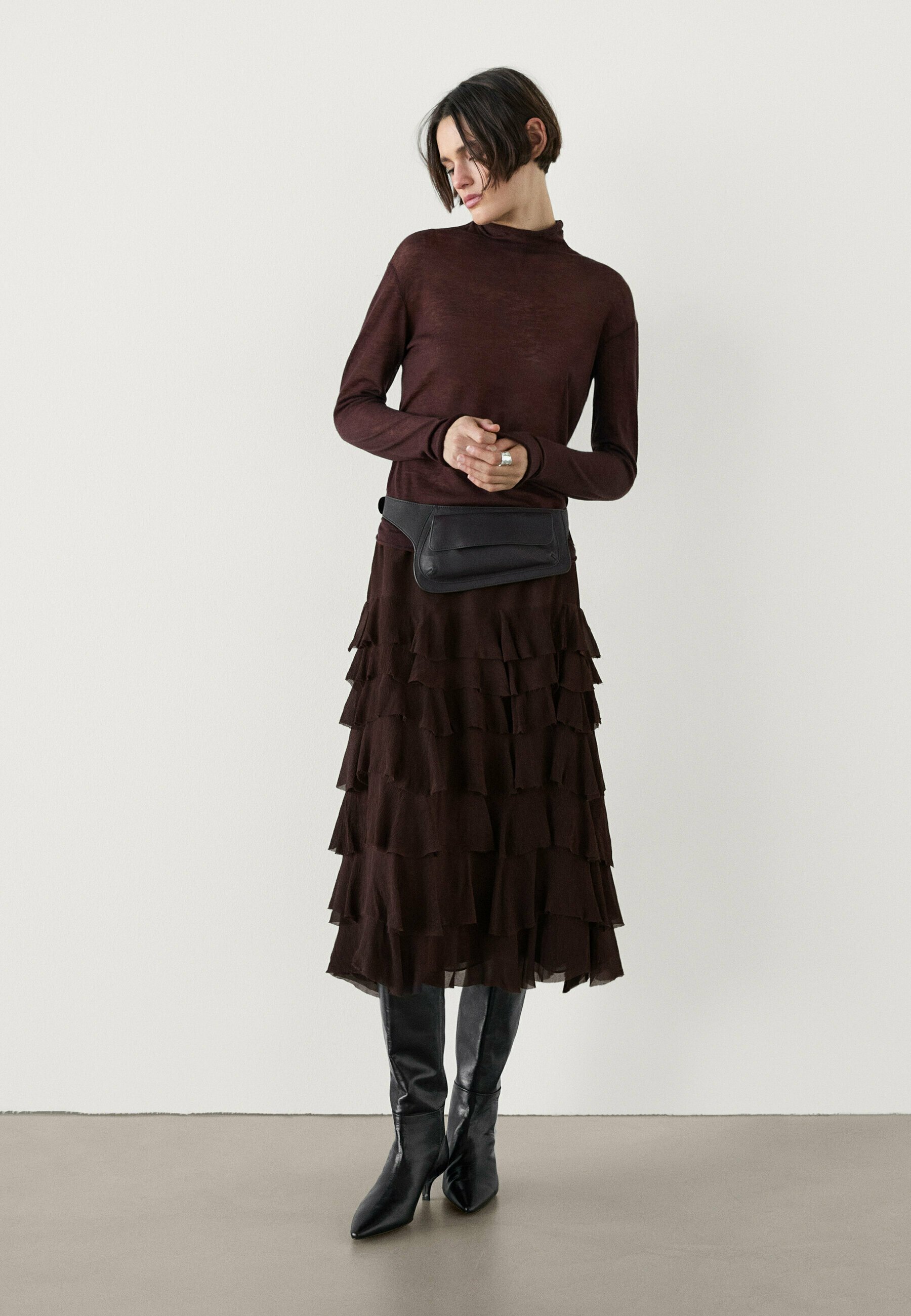 【Massimo Dutti】Long flowing skirt with ruffles /Mole Brown Massimo Dutti WITH RUFFLE DETAIL - Maxi skirt - dark brown
