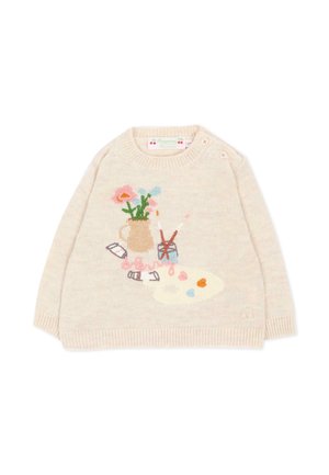Maglioncino per neonato color crema con un disegno dipinto di fiori in un vaso, pennelli in un barattolo e una tavolozza da artista con macchie di vernice colorate.