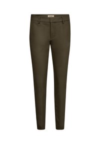 Olive zelené slim-fit nohavice, vyrobené z hladkej tkaniny, s plochým predným dielom, pásovými slučkami a bočnými vreckami. Žiadne viditeľné vzory ani akcenty.