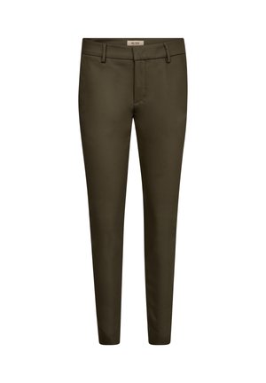 Olive zelené slim-fit nohavice, vyrobené z hladkej tkaniny, s plochým predným dielom, pásovými slučkami a bočnými vreckami. Žiadne viditeľné vzory ani akcenty.