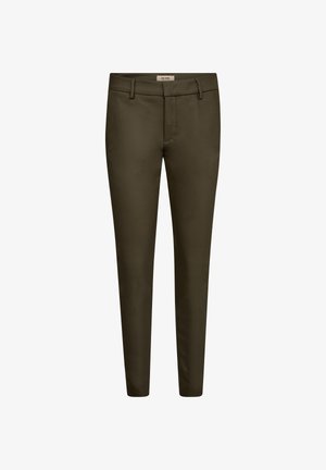 Olijfgroene slim-fit broeken, gemaakt van een gladde stof, met een flat front, riemlussen en zijzakken. Geen zichtbare patronen of accenten.