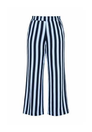 Leveälahkeiset housut, joissa mustavalkoiset pystysuorat raidat ja joustava vyötärönauha.