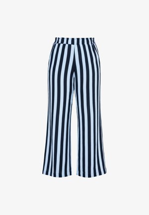 Wijde broek met zwart-witte verticale strepen en een elastische tailleband.