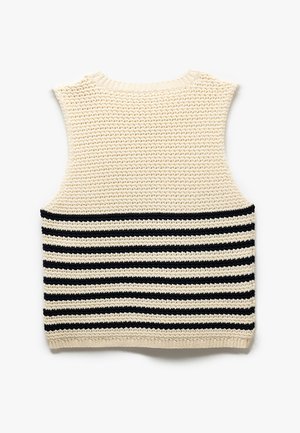 Gebreid mouwloos top in crème met zwarte horizontale strepen. Gelaagd ontwerp, ronde halslijn, en ribgebreide zoom die de vorm accentueert.