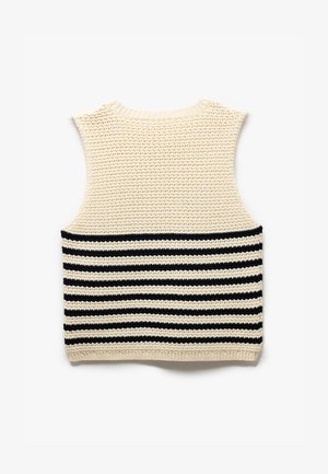 Gebreid mouwloos top in crème met zwarte horizontale strepen. Gelaagd ontwerp, ronde halslijn, en ribgebreide zoom die de vorm accentueert.