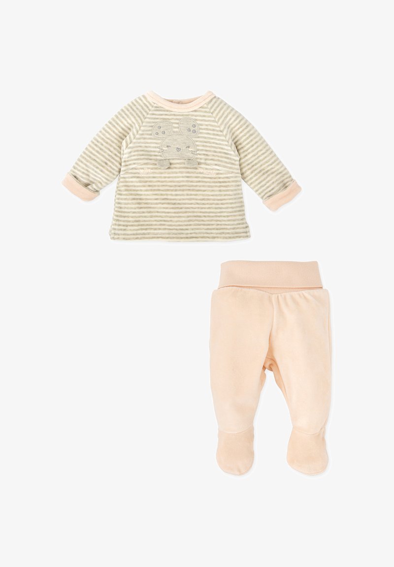 Haut en tissu rayé et doux de couleur beige avec des accents rose clair et un motif de souris, associé à un pantalon pied-de-poule rose clair uni.