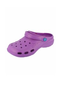 Purple plastic clog with ventilation holes, a contoured shape, and a back strap for stability. Smooth texture and rounded toe design.