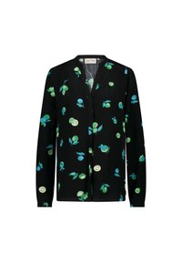 Schwarzes Langarmshirt mit floralem Muster in Blau- und Grüntönen sowie runden Akzenten. V-Ausschnitt und Knopfleiste.