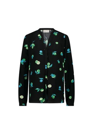 Zwarte langslijfs T-shirt met een bloemenpatroon van blauwe en groene bladeren en ronde accenten. V-hals en knopen aan de voorkant.