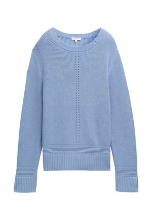 Helles blaues Strickpullover mit runder Ausschnitt, gerippten Bündchen und Saum. Verfügt über strukturierte Muster entlang der Mitte und den Ärmelsäumen.