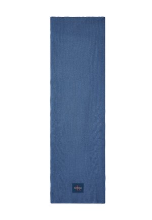 Blue ribbed knit scarf with a small black rectangular Calvin Klein logo patch near one end.
